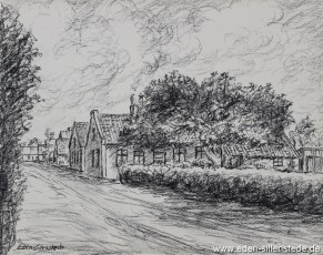 Jever, Stadt, Friesenweg, um 1950, 24x19 cm, Kohlezeichnung, Nachlass Arthur Eden (WV-Nr. 243)