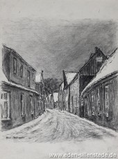 Jever, Stadt, Hopfenzaun, 1961, 29,5x39,5 cm, Kohlezeichnung, Nachlass Arthur Eden (WV-Nr. 207)