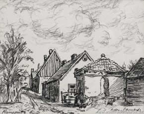 Jever, Stadt, Kamppütte, 1950er, 22,5x17,5 cm, Kohlezeichnung, Besitz Landkreis Friesland (WV-Nr. 562)
