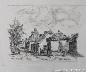 Jever, Stadt, Kamppütte, 1950er, 29x23 cm, Kohlezeichnung, Nachlass Arthur Eden (WV-Nr. 222)