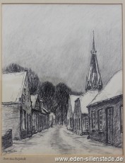 Jever, Stadt, Kleine Burgstraße, um 1954, 25x31 cm, Kohlezeichnung, Besitz Stadtbücherei Jever (WV-Nr. 954)