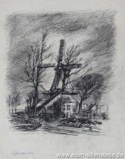 Jever, Stadt, Schlachtmühle, 1940-50er, 29,5x39,5 cm, Kohlezeichnung, Nachlass Arthur Eden (WV-Nr. 173)