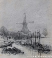 Jever, Stadt, Schlachtmühle im Nebel, 1955, 25,6x29 cm, Kohlezeichnung, Privatbesitz (WV-Nr. 1408)