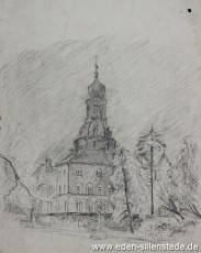 Jever, Stadt, Schloss im Nebel, 1940er, 25x33 cm, Bleistiftzeichnung, Nachlass Arthur Eden (WV-Nr. 272)