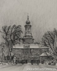 Jever, Stadt, Schloss mit Haupttor, 1957, 24x29,5 cm, Kohlezeichnung, Privatbesitz (WV-Nr. 1016)