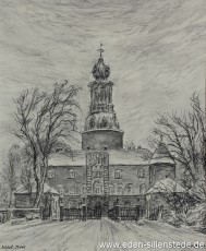 Jever, Stadt, Schloss mit Haupttor, 1960er, 23,5x28,5 cm, Kohlezeichnung, Privatbesitz (WV-Nr. 1476)