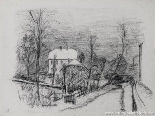 Jever, Stadt, Schloßgraben, 1950-60er, 39,5x29,5 cm, Kohlezeichnung, Nachlass Arthur Eden (WV-Nr. 229)