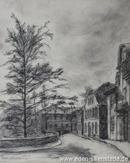 Jever, Stadt, Schlossstraße, 1950er, 28x34 cm, Kohlezeichnung, Privatbesitz (WV-Nr. 1314)