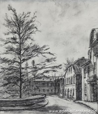Jever, Stadt, Schlossstraße, 1957, 28x32 cm, Kohlezeichnung, Privatbesitz (WV-Nr. 554)