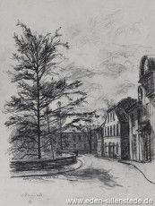 Jever, Stadt, Schlossstraße, 1957, 29,5x39,5 cm, Kohlezeichnung, Nachlass Arthur Eden (WV-Nr. 221)