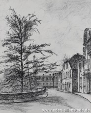 Jever, Stadt, Schlossstraße, 1957, 29x36 cm, Kohlezeichnung, Privatbesitz (WV-Nr. 903)