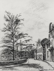 Jever, Stadt, Schlossstraße, 1957, Kohlezeichnung, Besitz Landkreis Friesland (WV-Nr. 653)