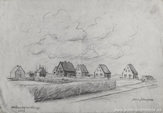 Jever, Stadt, Schützenhofsiedlung, 1954, 33x23 cm, Bleistiftzeichnung, Nachlass Arthur Eden (WV-Nr. 292)