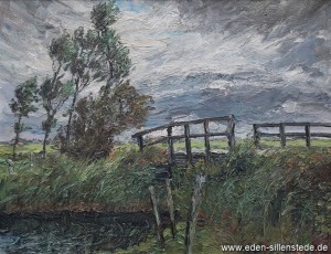 Jever, Umland, Brücke über dem Hookstief, 1966, 60x46 cm, Öl auf Leinwand, Privatbesitz (WV-Nr. 1076)