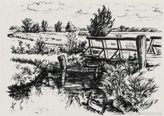 Jever, Umland, Brücke über dem Kreuztief,1949, Tuschezeichnung, Quelle NWZ Jeversche Nachrichten 30.07.1949 (WV-Nr. 1290)