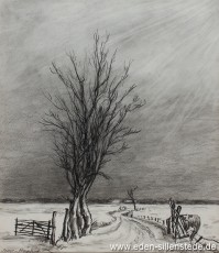 Jever, Umland, Moorlandsweg, 1950er, 24,5x29 cm, Kohlezeichnung, Privatbesitz (WV-Nr. 1481)