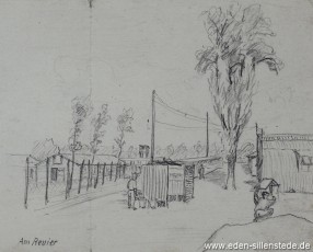 Lager, Am Revier, 1945, 14x11 cm, Bleistift auf Papier, Nachlass Arthur Eden (WV-Nr. 443)