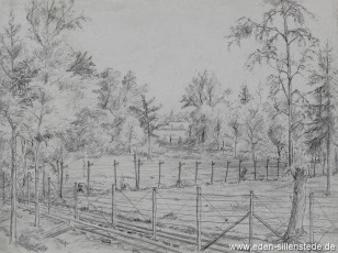 Lager, Der einzige Blick nach Zedelgem, 1945, 27,5x20,5 cm, Bleistift auf Papier, Nachlass Arthur Eden (WV-Nr. 377)