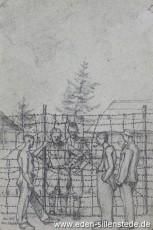 Lager, Gefangene am Zaun, 1945, 15x23 cm, Bleistift auf Papier, Nachlass Arthur Eden (WV-Nr. 429)