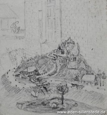 Lager, Miniaturdorf im Garten, 1945, 10x10,8 cm, Bleistift auf Papier, Nachlass Arthur Eden (WV-Nr. 369)