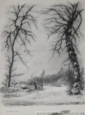 Moorhausen, Gut Moorhausen, 1960er, 29,5x39,5 cm, Kohlezeichnung, Nachlass Arthur Eden (WV-Nr. 200)