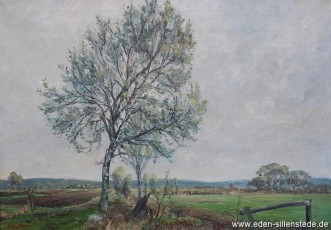 Moorwarfen, Blick auf Mettckers Busch, 1956, 71x50,5 cm, Öl auf Leinwand, Privatbesitz (WV-Nr. 1224)