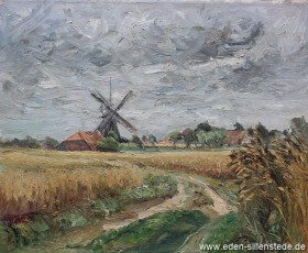 Neugarmssiel, Mühle Garms, 1950er, 48x40 cm, Öl auf Leinwand, Privatbesitz (WV-Nr. 492)