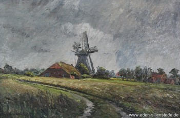 Neugarmssiel, Mühle Garms, 1960er, 67x44 cm, Öl auf Leinwand, Besitz Landkreis Friesland (WV-Nr. 631)