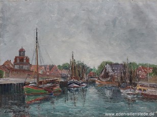 Neuharlingersiel, Hafen, 1960er, 70,2x52,2 cm, Öl auf Leinwand, Privatbesitz (WV-Nr. 994)