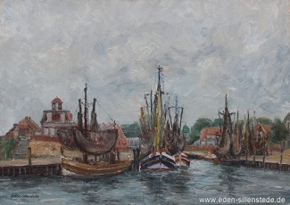Neuharlingersiel, Hafen, um 1960, 73x52 cm, Öl auf Leinwand, Privatbesitz (WV-Nr. 1240)