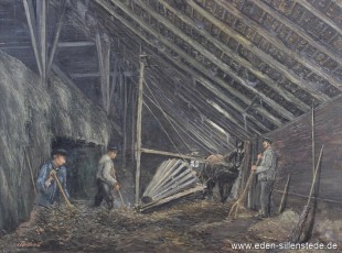 Portrait, Blockdreschen auf dem Hof Gehrels in Pievens, 1954, 67x50 cm, Öl auf Leinwand, Besitz Schlossmuseum Jever (WV-Nr. 752)