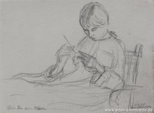 Portrait, Theda Eden beim Häkeln, 1955, 20x17 cm, Bleistiftzeichnung, Nachlass Arthur Eden (WV-Nr. 329)