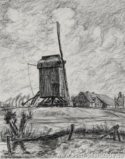 Sande, Mühle in Dykhausen, 1950er, 28x35,5 cm, Kohlezeichnung, Besitz Landkreis Friesland (WV-Nr. 567)