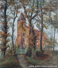Sandel, Kirche in Sandel, um 1954, 40,5x47,5 cm, Öl auf Leinwand, Besitz Landkreis Friesland (WV-Nr. 602)
