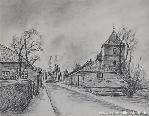 Schortens, An der Kirche, 1962, 43x26,5 cm, Kohlezeichnung, Privatbesitz (WV-Nr. 1036)