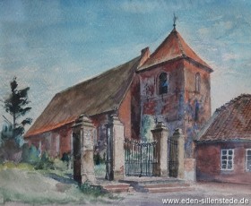 Schortens, Kirche, 1940er, 27x22 cm, Aquarell, Besitz Schlossmuseum Jever (WV-Nr. 1221)