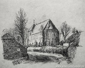 Schortens, Kirche, 1954, Kohlezeichnung, Quelle Historienkalender auf das Jahr 1955, Seite 27 (WV-Nr. 907)