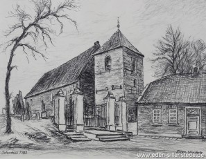 Schortens, Kirche, 1962, 37x28 cm, Kohlezeichnung, Besitz Landkreis Friesland (WV-Nr. 619)