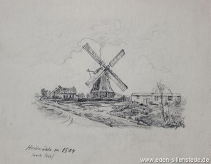 Schortens, Mühle um 1904 (nach Foto), 1950er, 26x24 cm, Kohlezeichnung, Nachlass Arthur Eden (WV-Nr. 274)