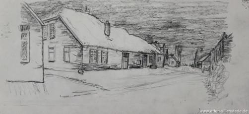 Sillenstede, Dicktonnenstraße, 1960er, 31x14,5 cm, Bleistiftzeichnung, Nachlass Arthur Eden (WV-Nr. 187)