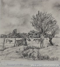 Sillenstede, Purkswarfe 1920, 1960er, 27x27,5 cm, Kohlezeichnung, Privatbesitz (WV-Nr. 1464)