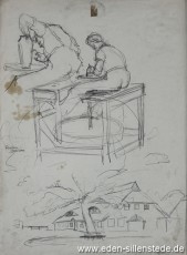 Skizze, Bockhorn, Töpferei, 1930-50er, 29,5x40 cm, Bleistiftzeichnung, Nachlass Arthur Eden (WV-Nr. 276)