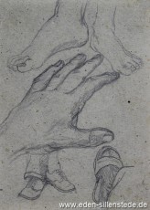 Skizze, Füsse und Hand, 1945, 11x13,5 cm, Bleistift auf Papier, Nachlass Arthur Eden (WV-Nr. 402)