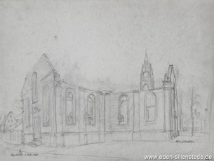Skizze, Jever, Stadt, Am Kirchplatz, Alte Stadtkirche, um 1960, 39,5x30 cm, Bleistiftzeichnung, Nachlass Arthur Eden (WV-Nr. 233)