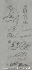Skizze, Mitgefangene, 1945, 7x19,5 cm, Bleistift auf Papier, Nachlass Arthur Eden (WV-Nr. 370)