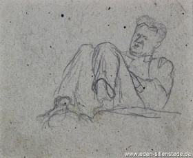 Skizze, Mitgefangener beim Lesen, 1945, 13,4x11 cm, Bleistift auf Papier, Nachlass Arthur Eden (WV-Nr. 367)