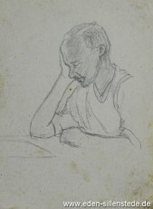 Skizze, Nachdenklicher Mensch, 1945, 11x14,5 cm, Bleistift auf Papier, Nachlass Arthur Eden (WV-Nr. 434)