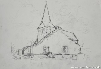 Skizze, Sande, Kirche, 1920-50er, 30x20 cm, Bleistiftzeichnung, Nachlass Arthur Eden (WV-Nr. 300)
