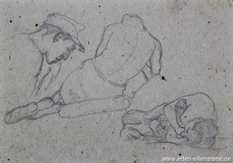 Skizze, Studie von Mitgefangenen, 1945, 14,5x10,3 cm, Bleistift auf Papier, Nachlass Arthur Eden (WV-Nr. 391)