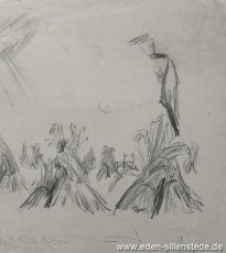 Skizze, Unbekannter Ort, Getreidehocken, 1920-50er, 18x23 cm, Bleistiftzeichnung, Nachlass Arthur Eden (WV-Nr. 285)